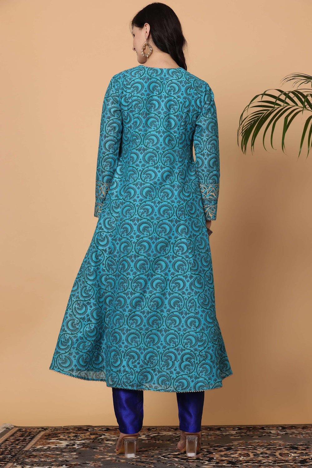 Turquoise Chanderi Kurta Set With Block Print