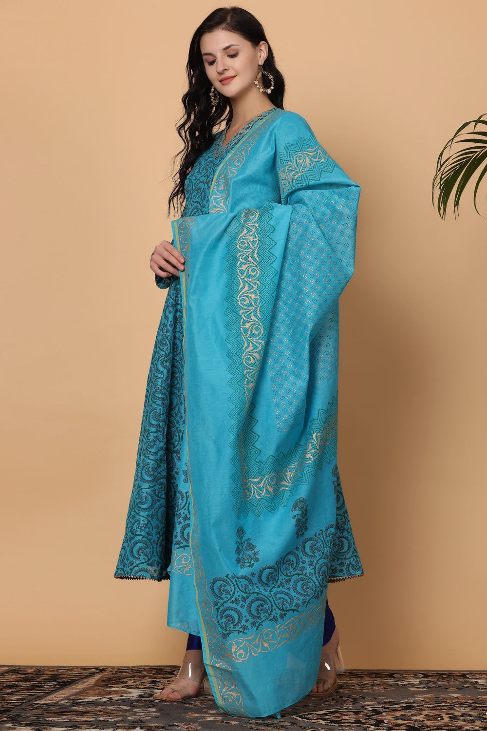 Turquoise Chanderi Kurta Set With Block Print
