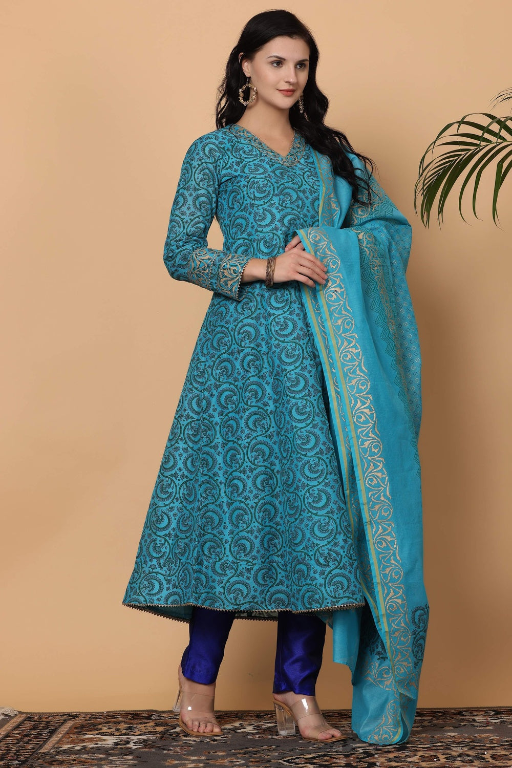 Turquoise Chanderi Kurta Set With Block Print