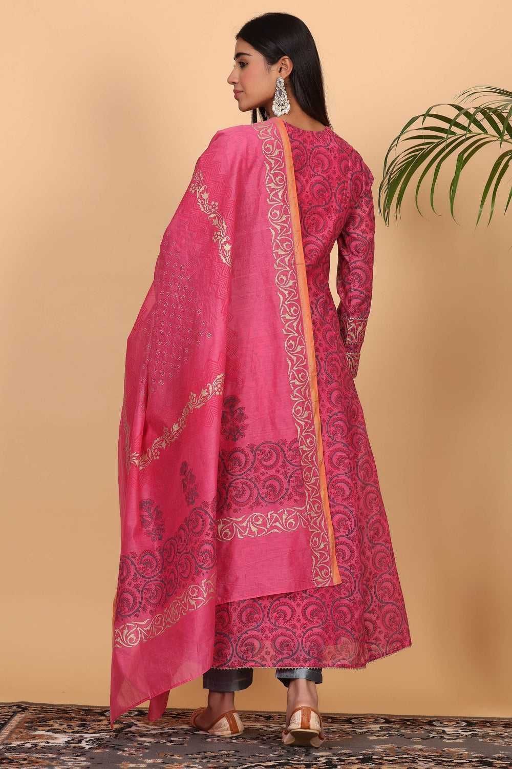 Pink Chanderi Kurta Set With Block Print