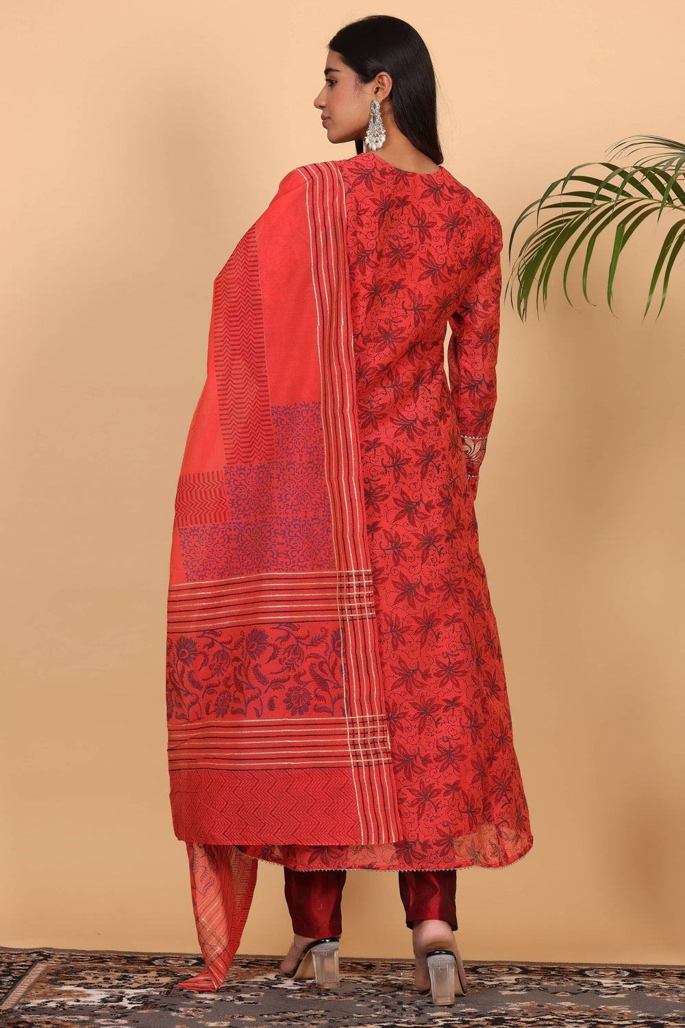 Red Chanderi Kurta Set With Block Print