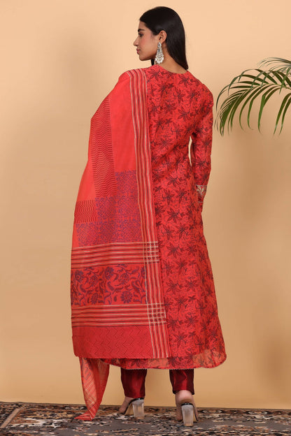 Red Chanderi Kurta Set With Block Print
