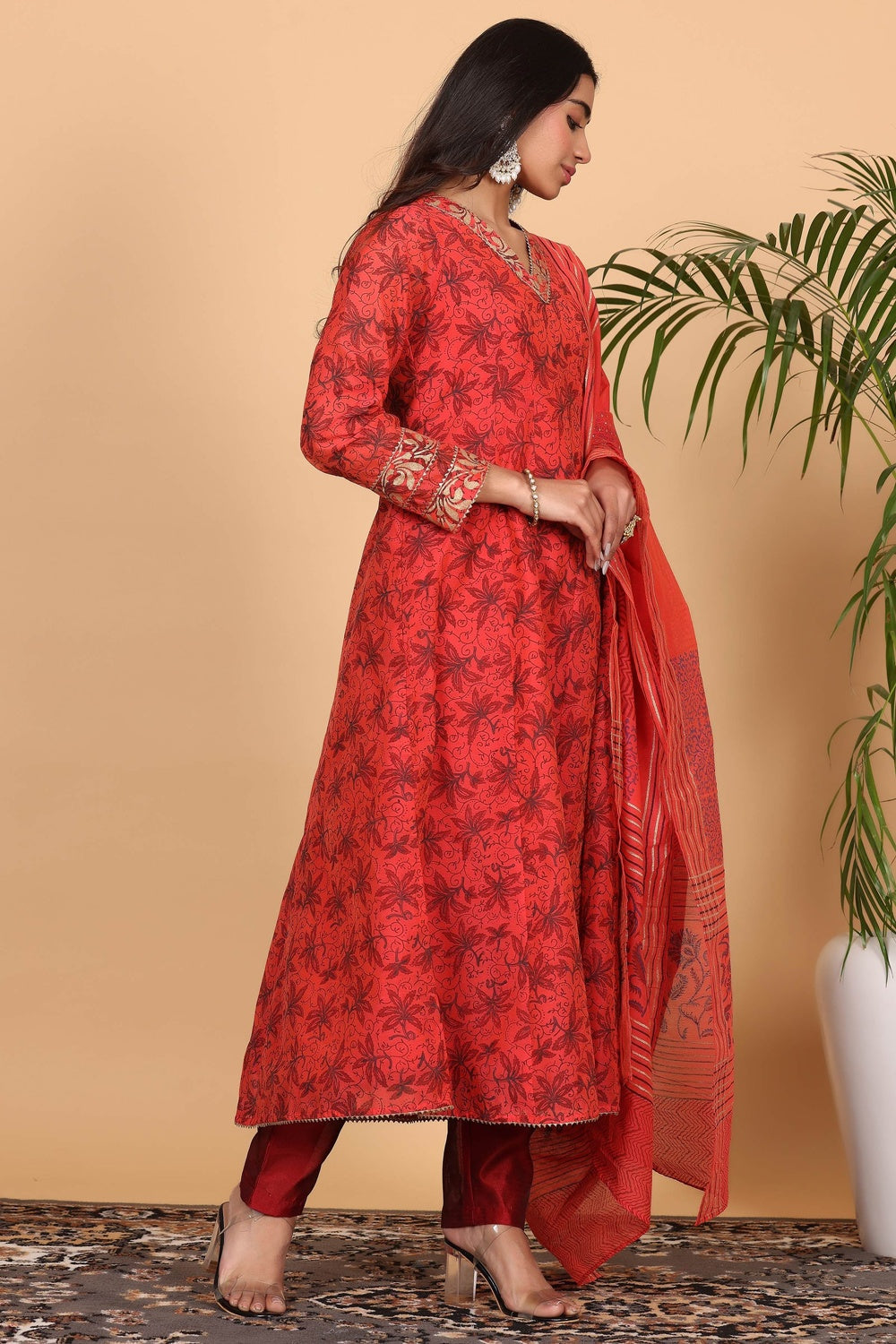 Red Chanderi Kurta Set With Block Print