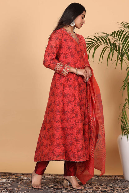 Red Chanderi Kurta Set With Block Print