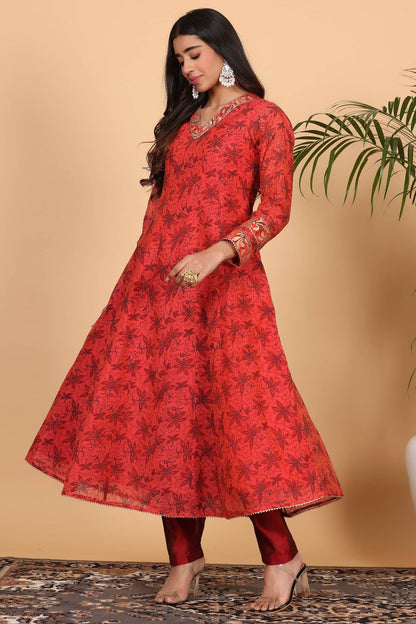 Red Chanderi Kurta Set With Block Print