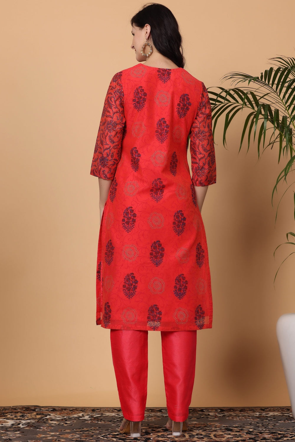 Red Chanderi Kurta Set With Block Print