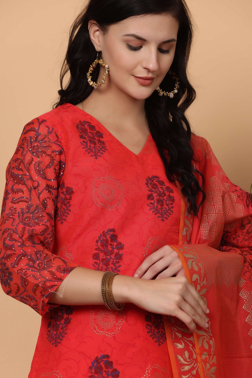 Red Chanderi Kurta Set With Block Print