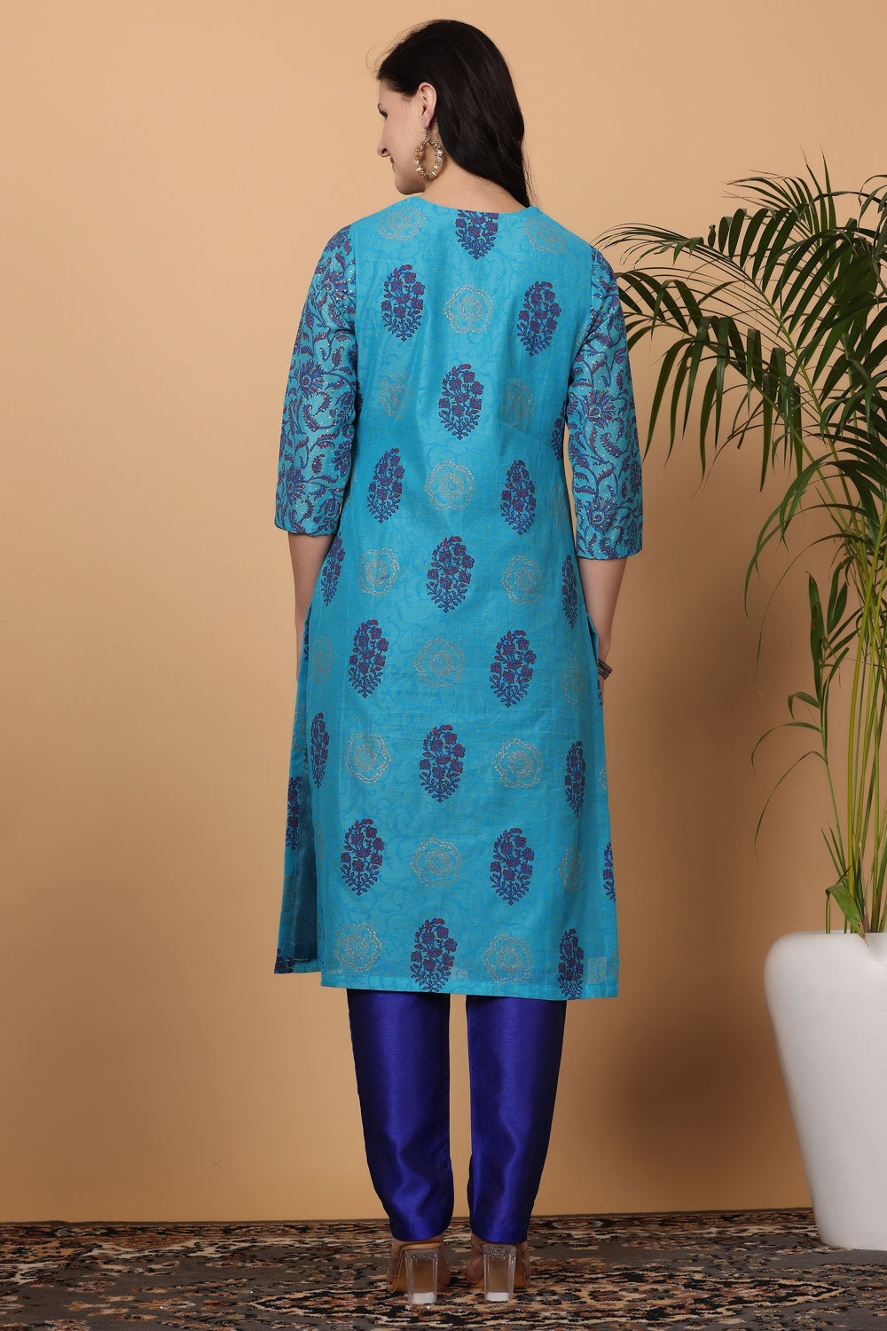 Turquoise Chanderi Kurta Set With Block Print