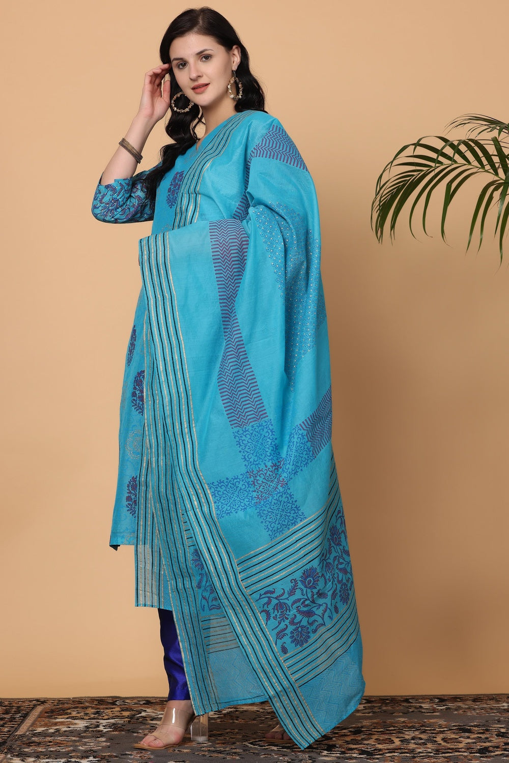 Turquoise Chanderi Kurta Set With Block Print