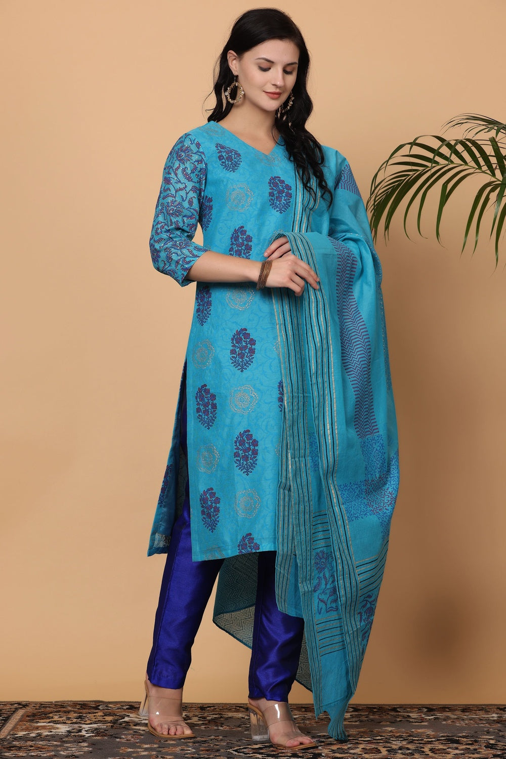 Turquoise Chanderi Kurta Set With Block Print