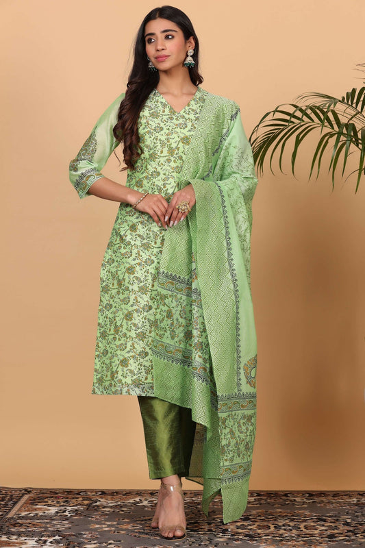 Green Chanderi Kurta Set With Block Print