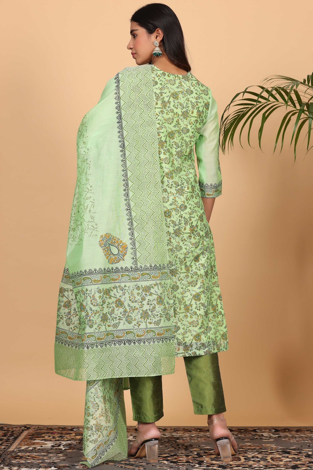 Green Chanderi Kurta Set With Block Print