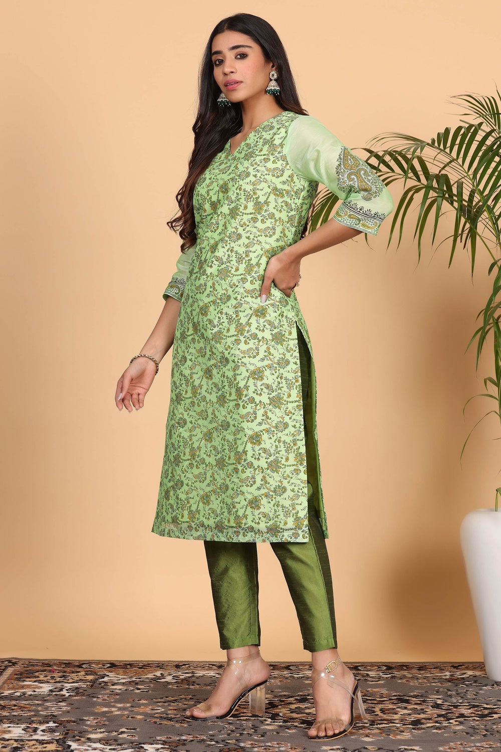 Green Chanderi Kurta Set With Block Print