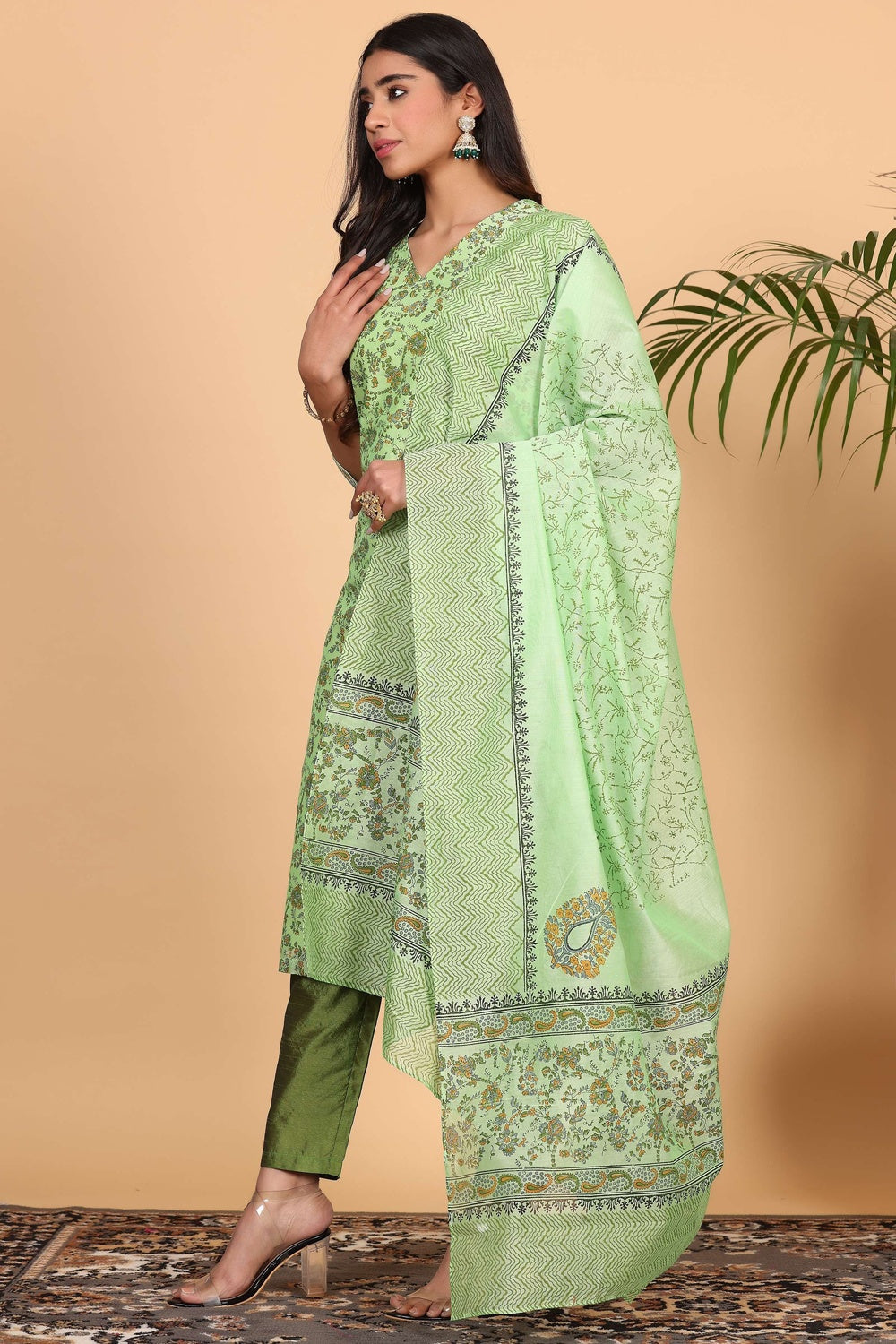 Green Chanderi Kurta Set With Block Print