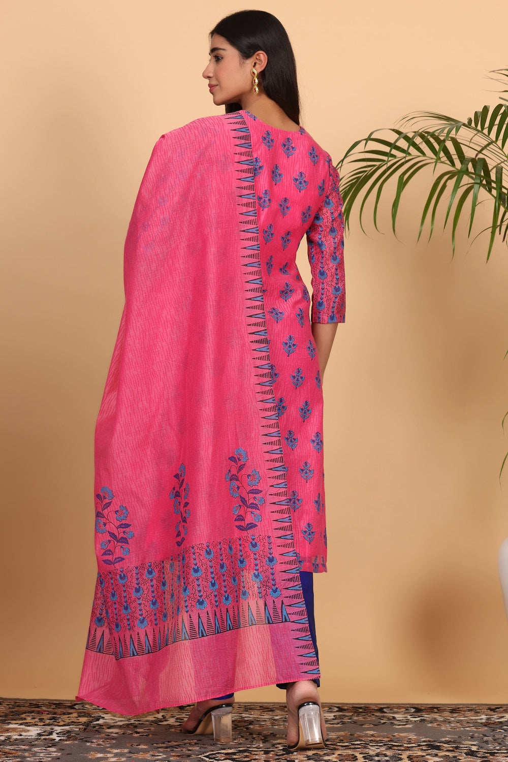 Pink Chanderi Kurta Set With Block Print