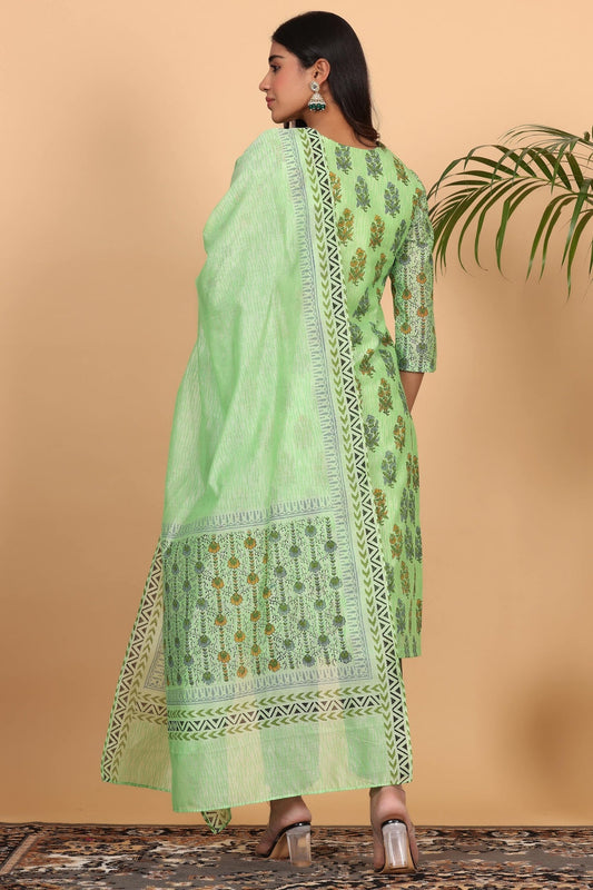 Green Chanderi Kurta Set With Block Print