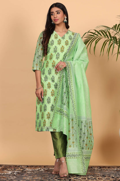 Green Chanderi Kurta Set With Block Print