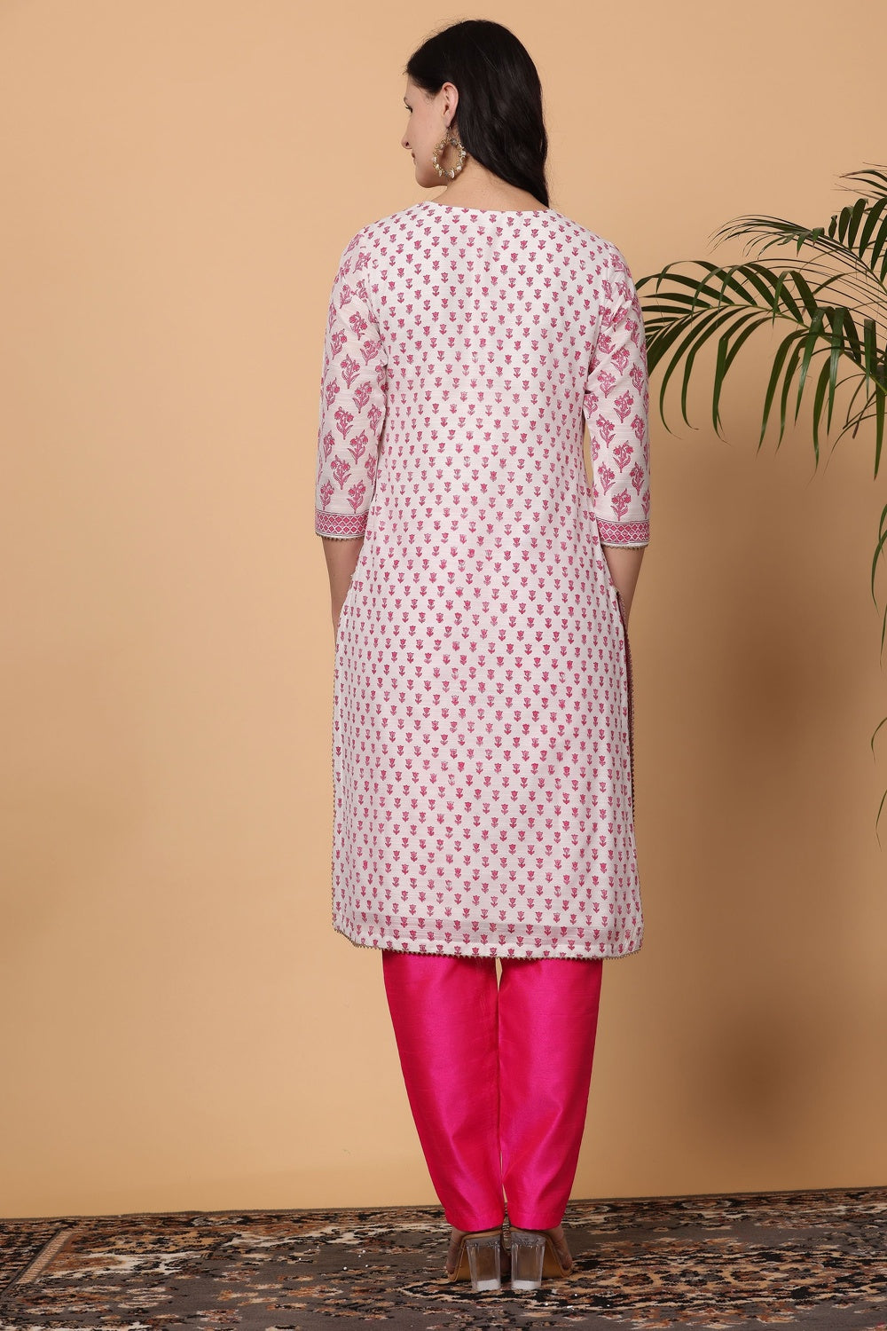 White Cotton Kurta Set With Block Print