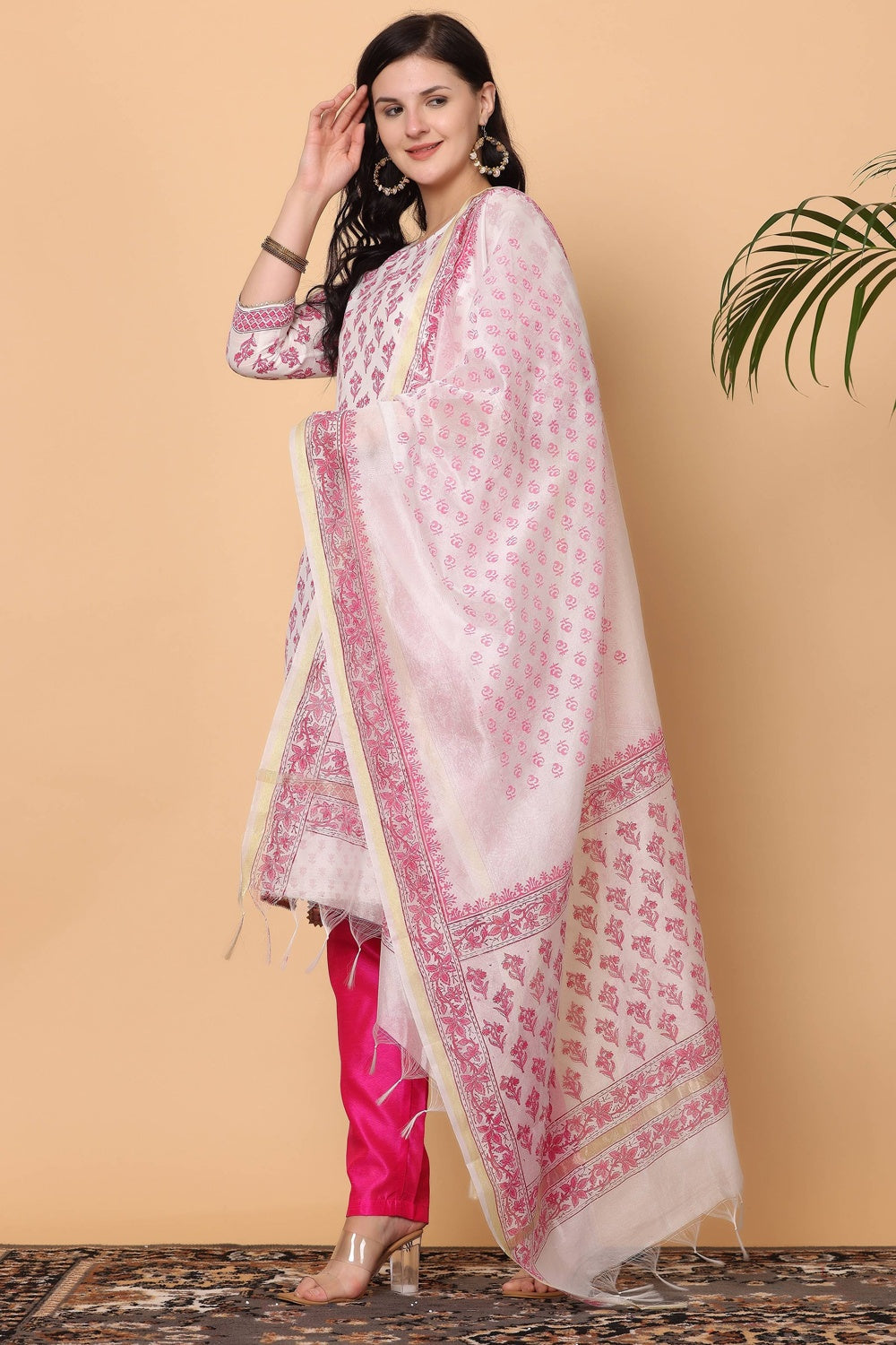 White Cotton Kurta Set With Block Print