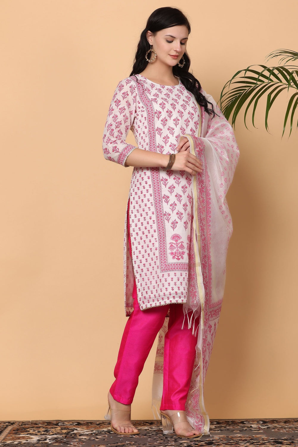 White Cotton Kurta Set With Block Print