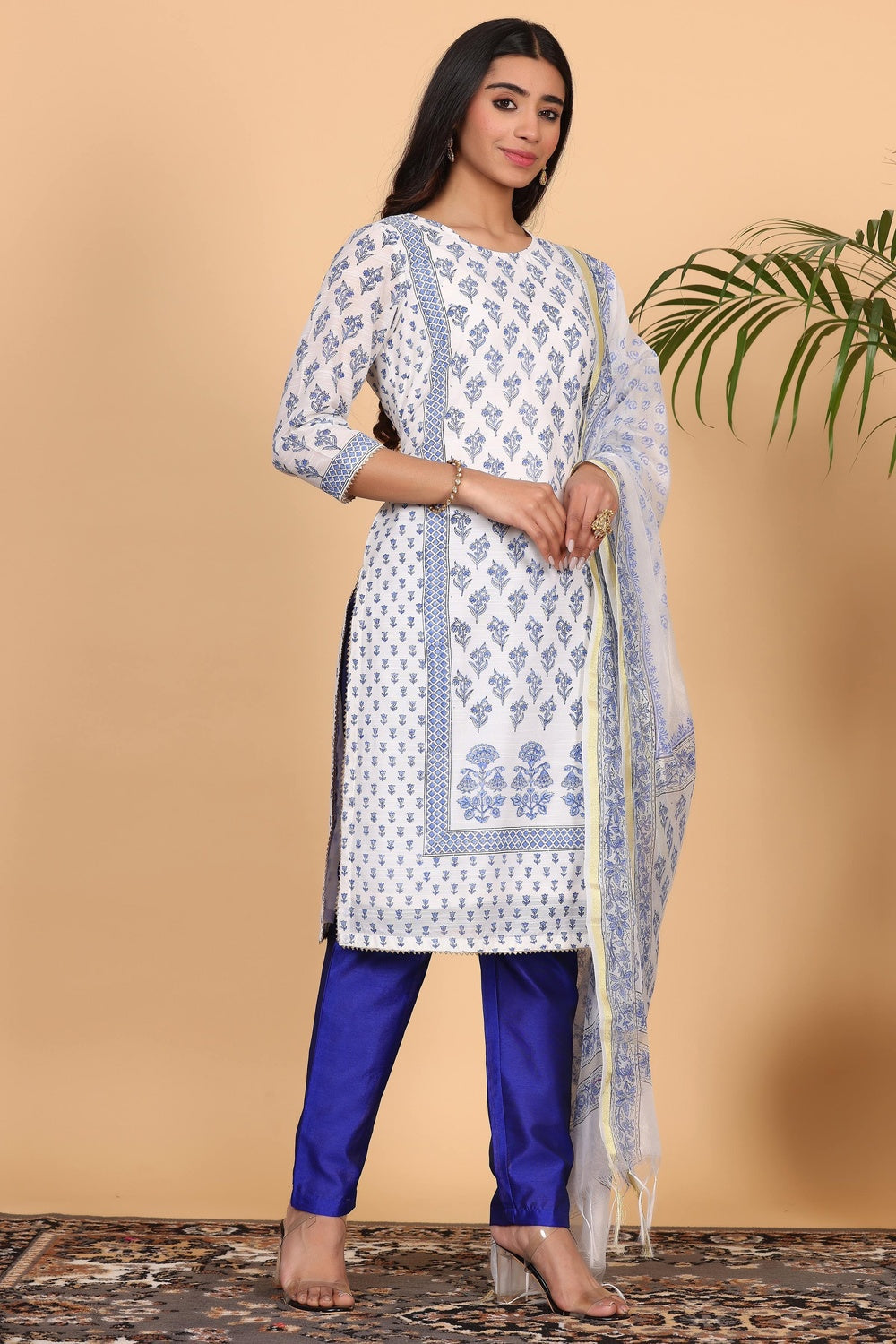 White Cotton Kurta Set With Block Print