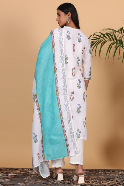 White Cotton Kurta Set With Block Print