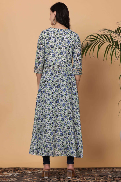 White Cotton Anarkali With Block Print