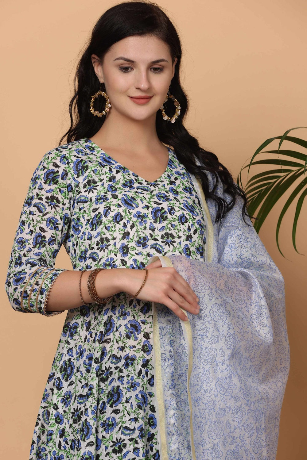 White Cotton Anarkali With Block Print