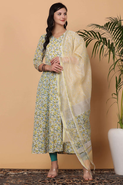 White Cotton Anarkali With Block Print