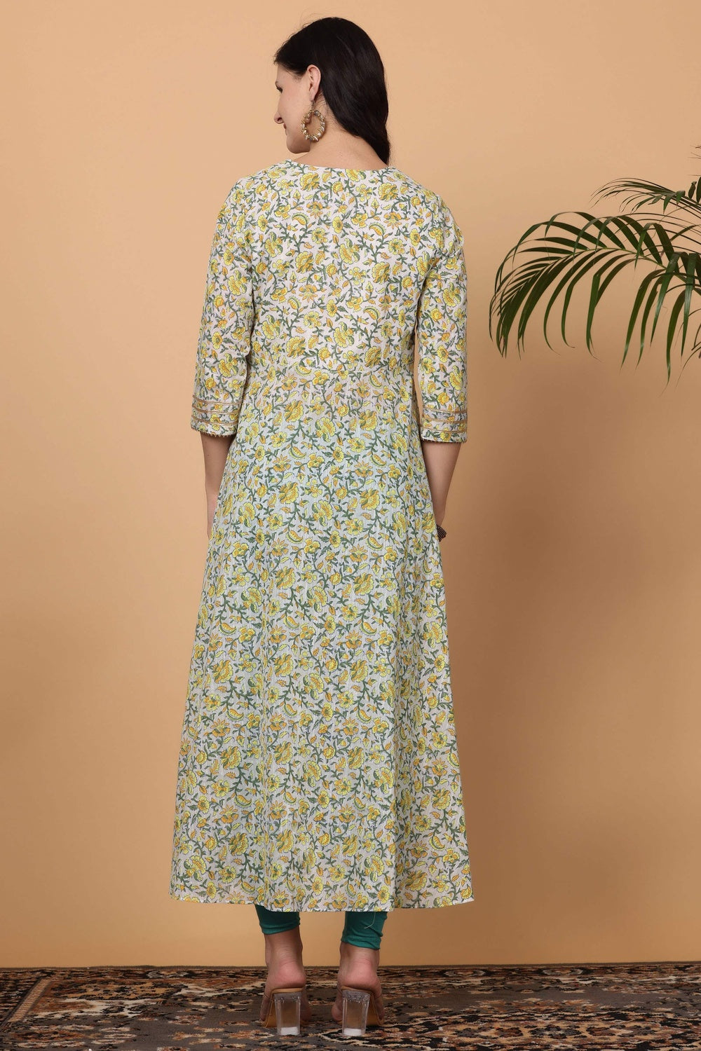 White Cotton Anarkali With Block Print