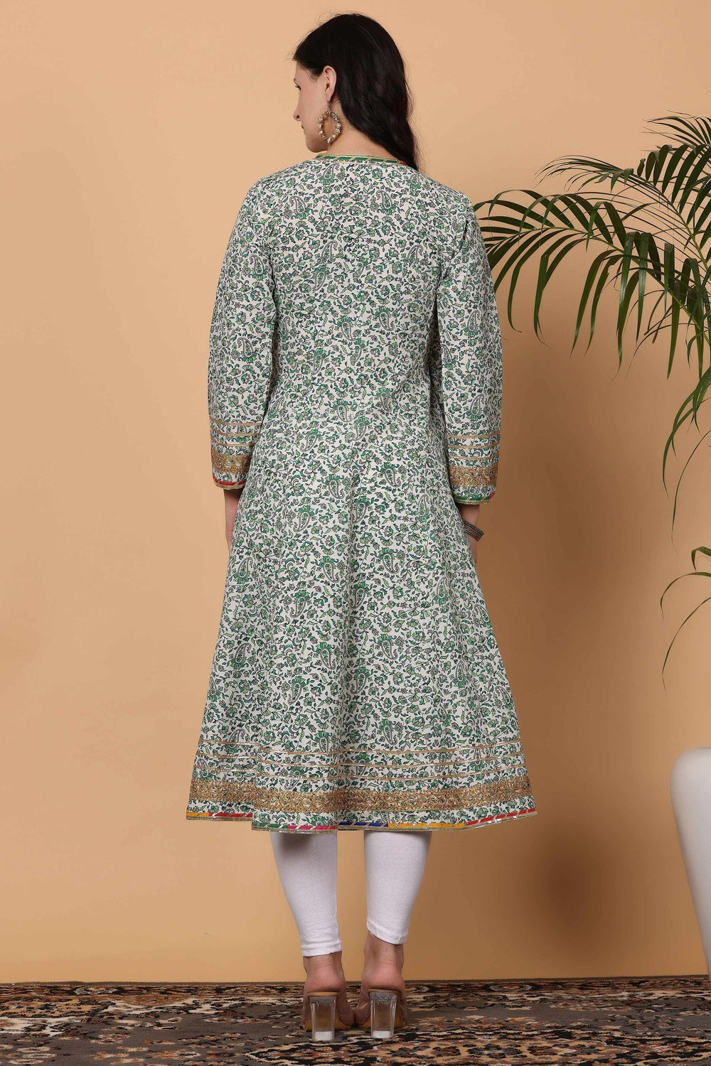 White Cotton Anarkali With Block Print