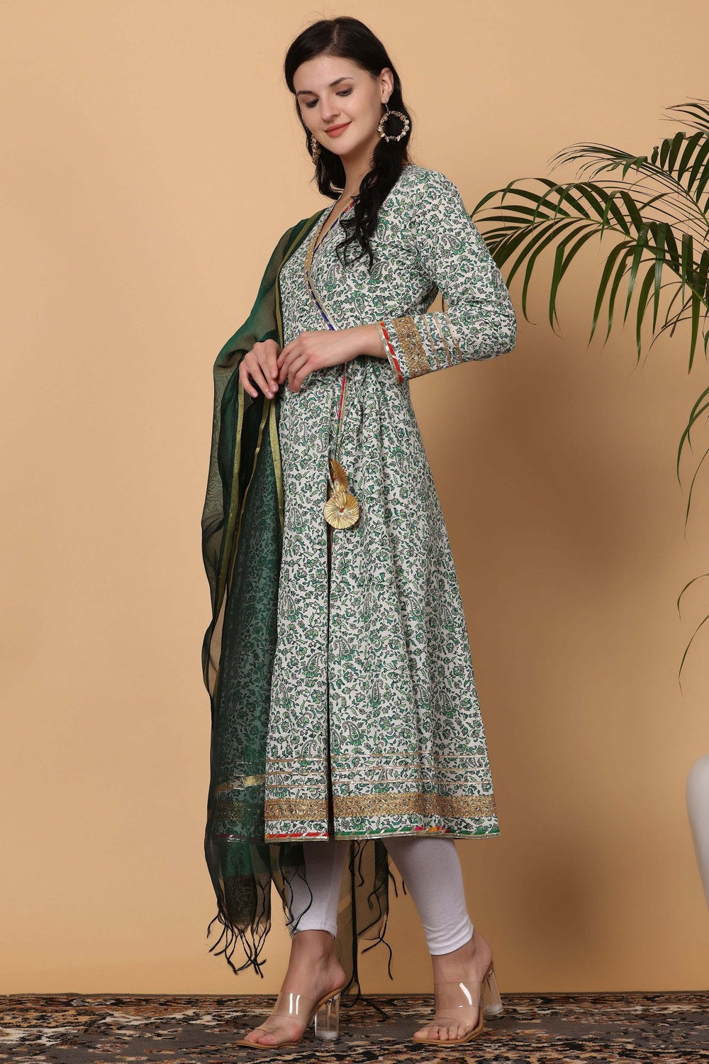White Cotton Anarkali With Block Print