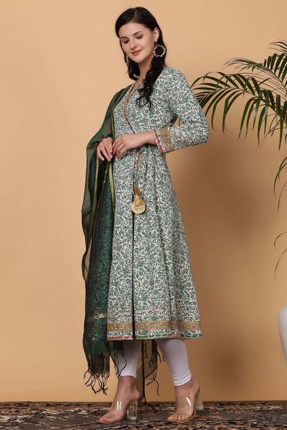 White Cotton Anarkali With Block Print
