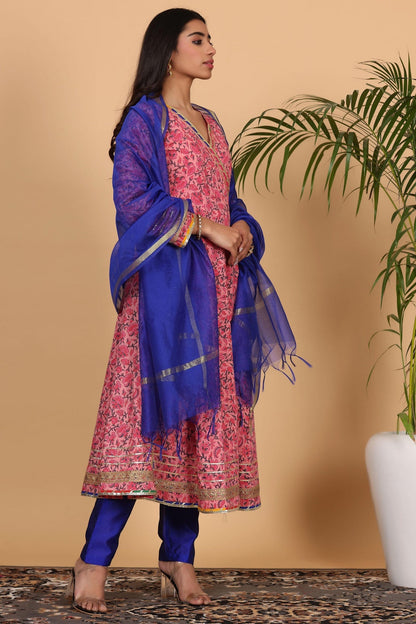 Pink Cotton Anarkali With Block Print