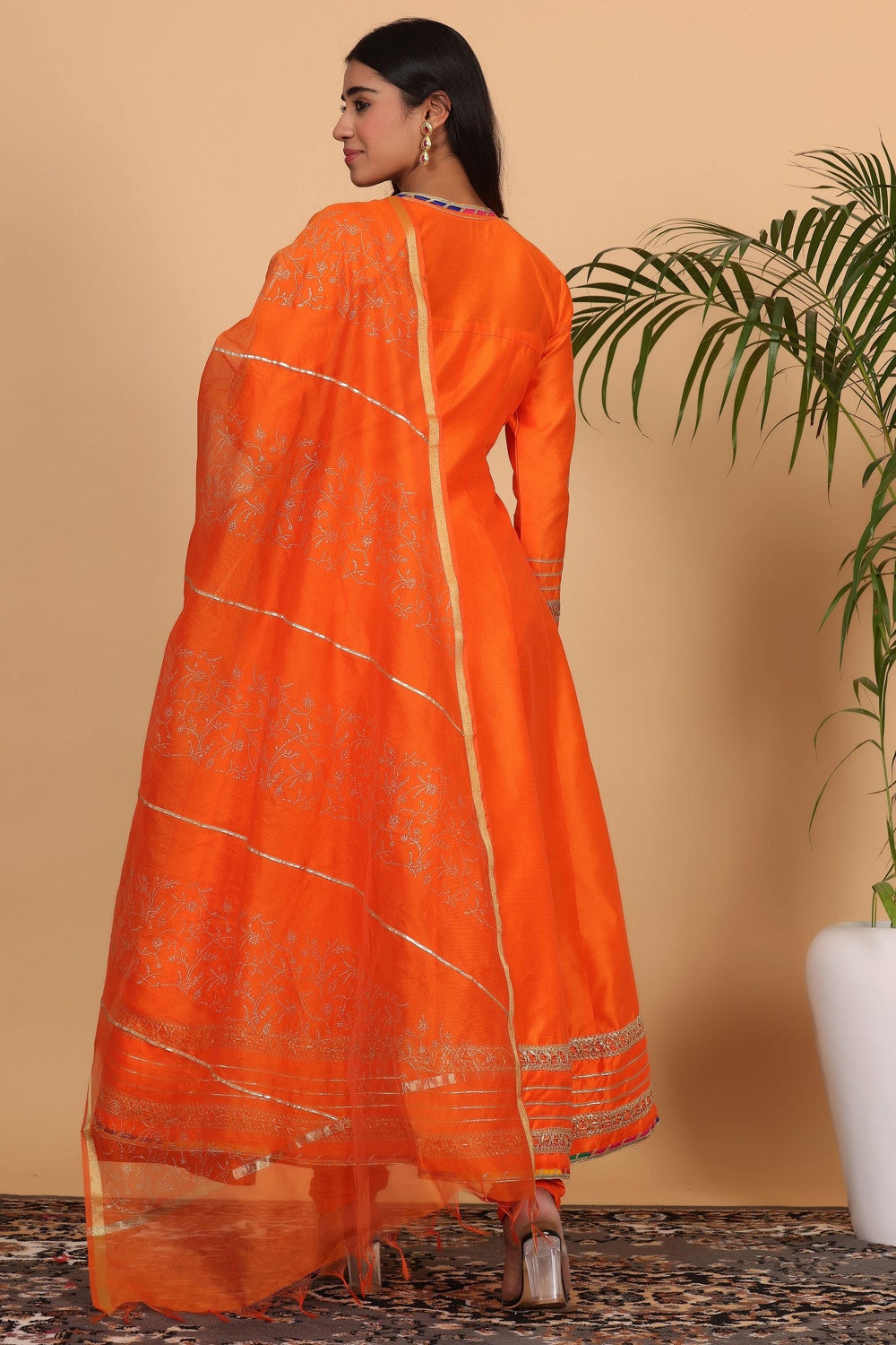 Orange Silk Kurta Set With Gota Work