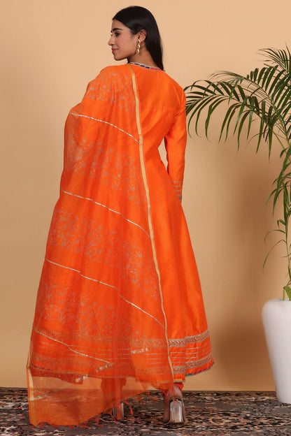 Orange Silk Kurta Set With Gota Work