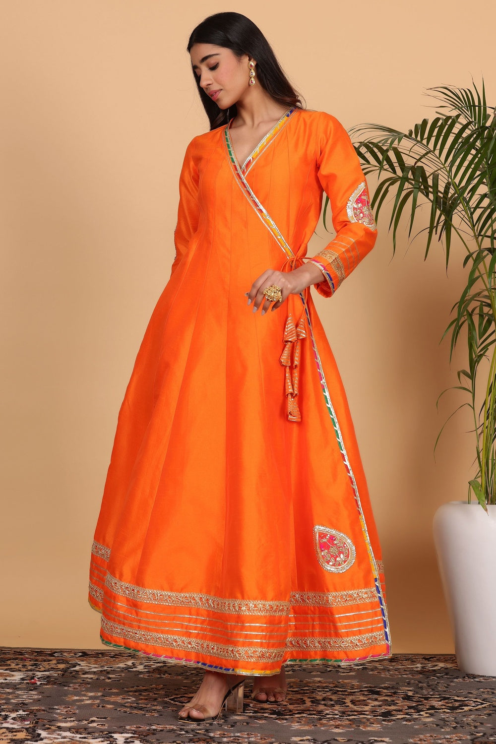 Orange Silk Kurta Set With Gota Work