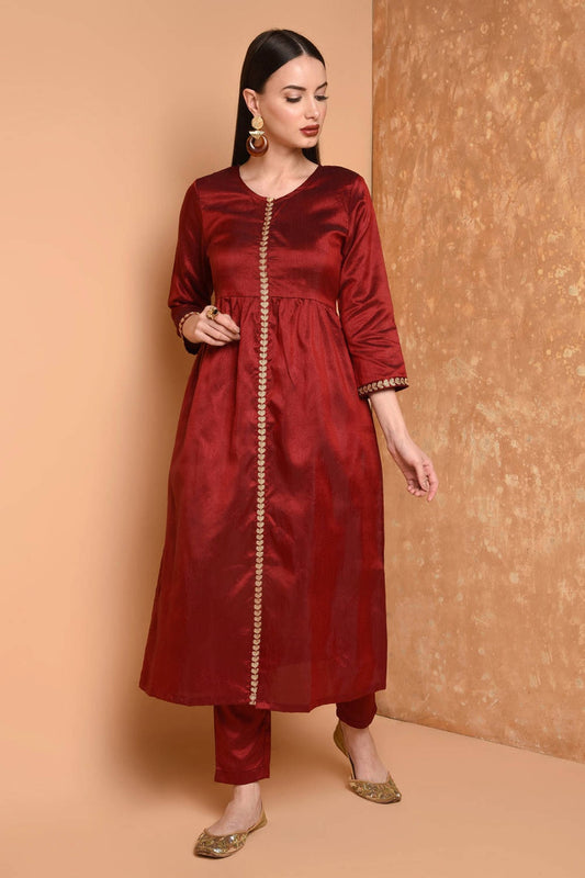 Maroon Embroidered Kurta Set
