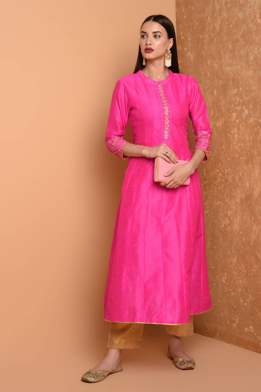 Pink Silk Kurta Set With Embroidery