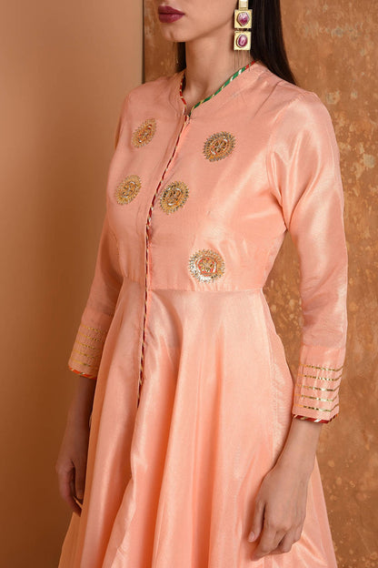 Peach Silk Kurta Set With Peach Work