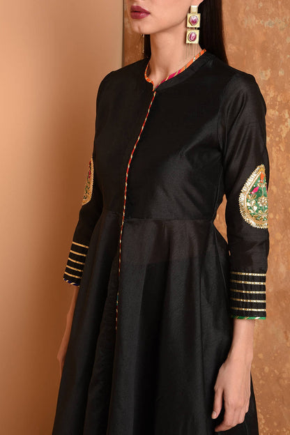 Black Silk Kurta Set With Peach Work