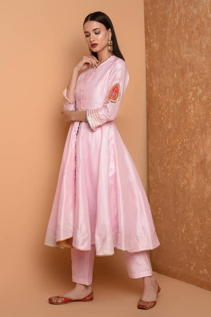 Peach Silk Kurta Set With Peach Work
