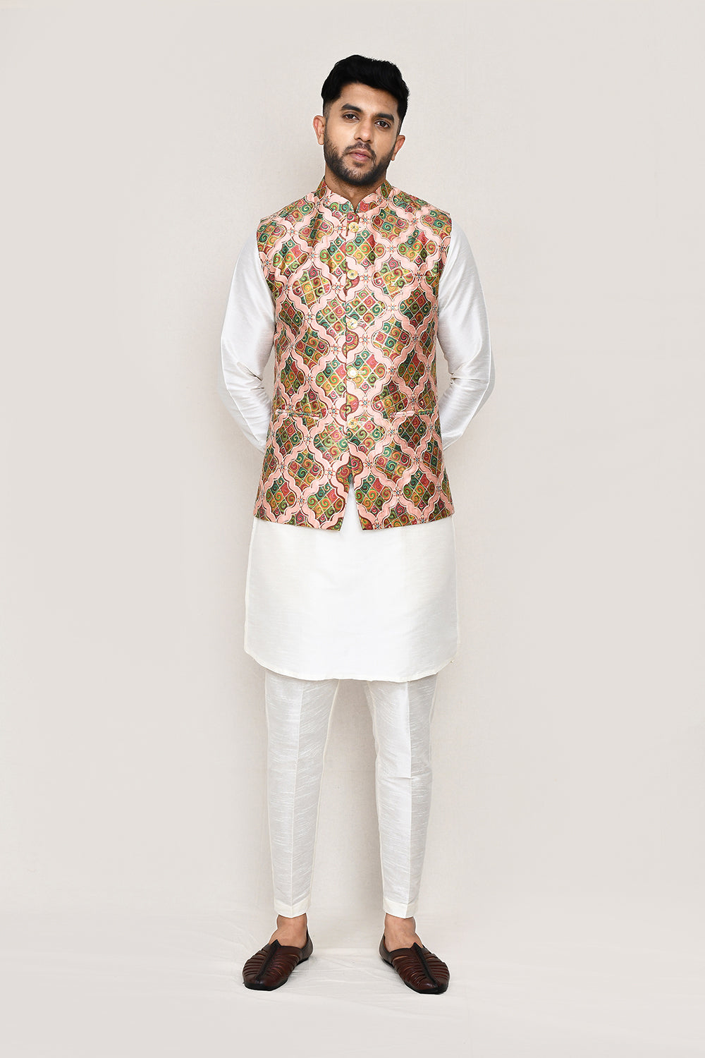 White Kurta with Straight Fit Pant And Jacket