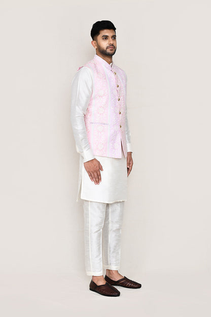 White Kurta with Straight Fit Pant And Jacket