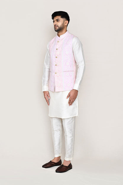White Kurta with Straight Fit Pant And Jacket