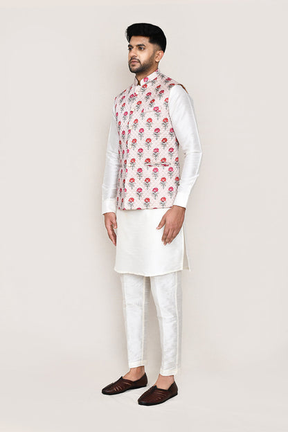 White Kurta with Straight Fit Pant And Jacket