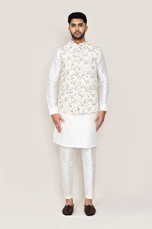 White Kurta with Straight Fit Pant And Jacket