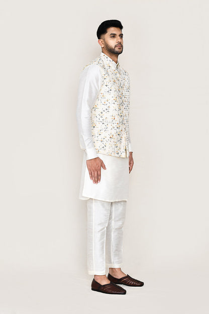 White Kurta with Straight Fit Pant And Jacket