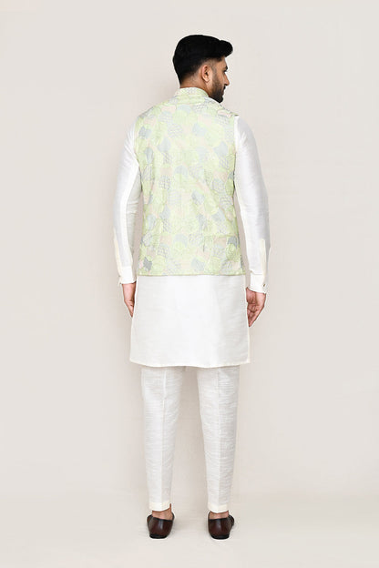White Kurta with Straight Fit Pant And Jacket