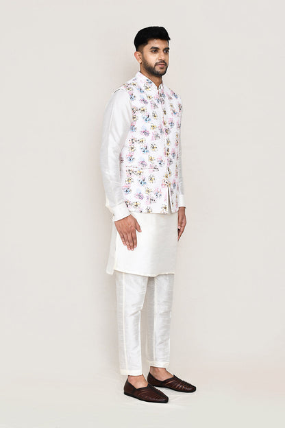 White Kurta with Straight Fit Pant And Jacket
